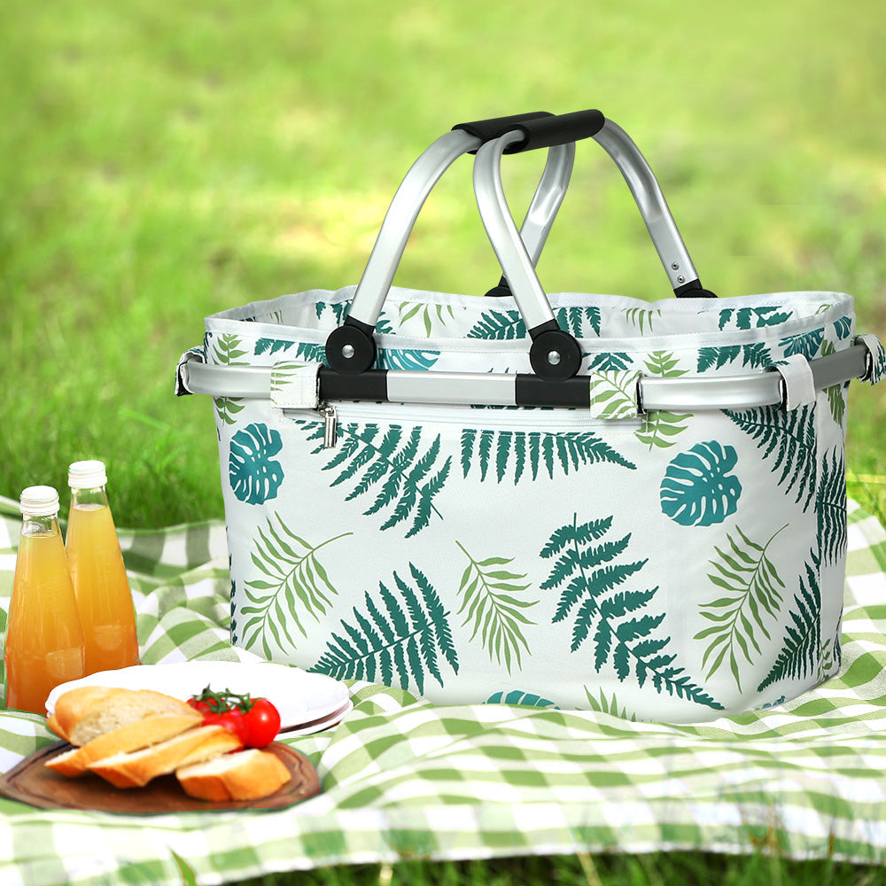 Alfresco Picnic Bag Basket Folding Hamper Camping Hiking Insulated White Alfresco