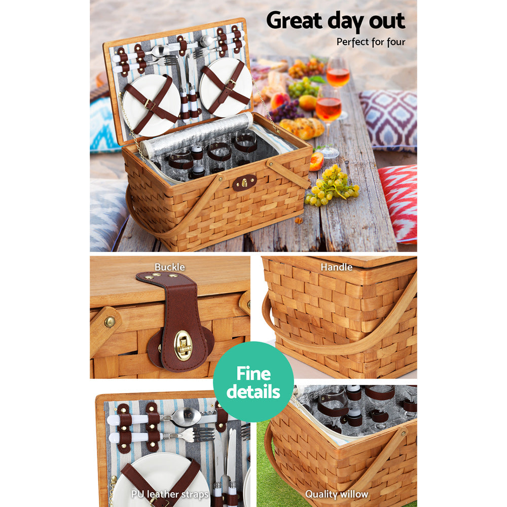 Alfresco Picnic Basket Set Wooden Cooler Bag 4 Person Outdoor Insulated Liquor Alfresco