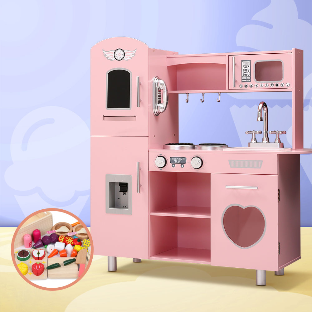 Keezi Kids Wooden Kitchen Pretend Play Sets Food Cooking Toys Children Pink Keezi