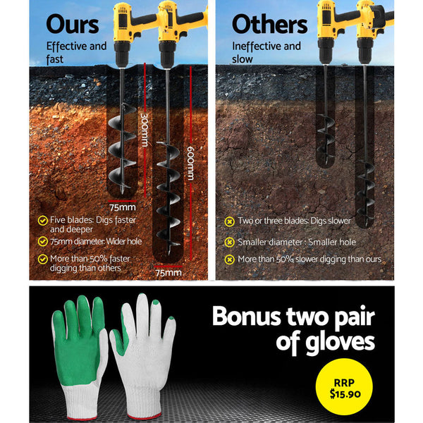 Giantz Power Garden Spiral Auger Hole Digger Earth Drill Bit 75x300 & 600mm Giantz