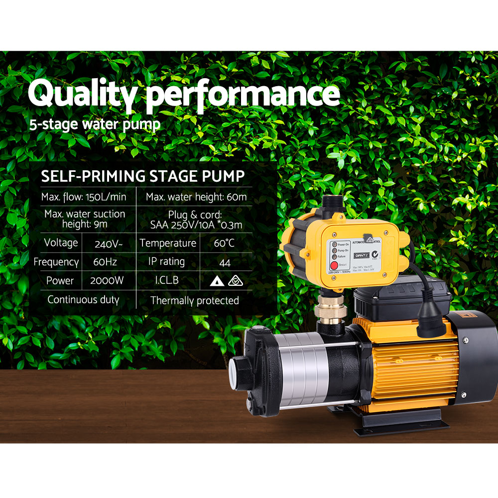 Giantz Multi Stage Water Pump Pressure Rain Tank Garden Farm House Irrigation 2000W Yellow Controller Giantz