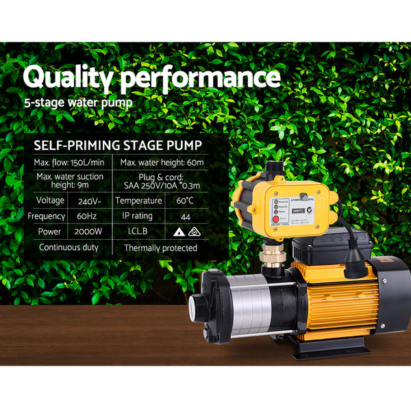 Giantz Multi Stage Water Pump Pressure Rain Tank Garden Farm House Irrigation 2000W Yellow Controller Giantz
