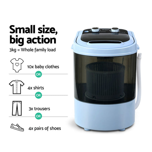 Devanti 3KG Mini Portable Washing Machine Shoes Wash Top Load Spin Camp Caravan freeshipping - Awezingly