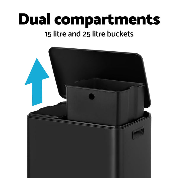 Cefito Pedal Bins Rubbish Bin Dual Compartment Waste Recycle Dustbins 40L Black Does not apply