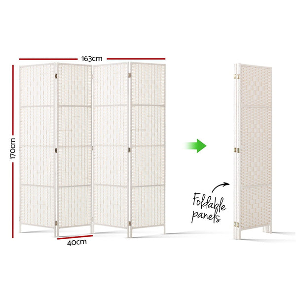 Artiss 4 Panels Room Divider Screen Privacy Rattan Timber Fold Woven Stand White freeshipping - Awezingly