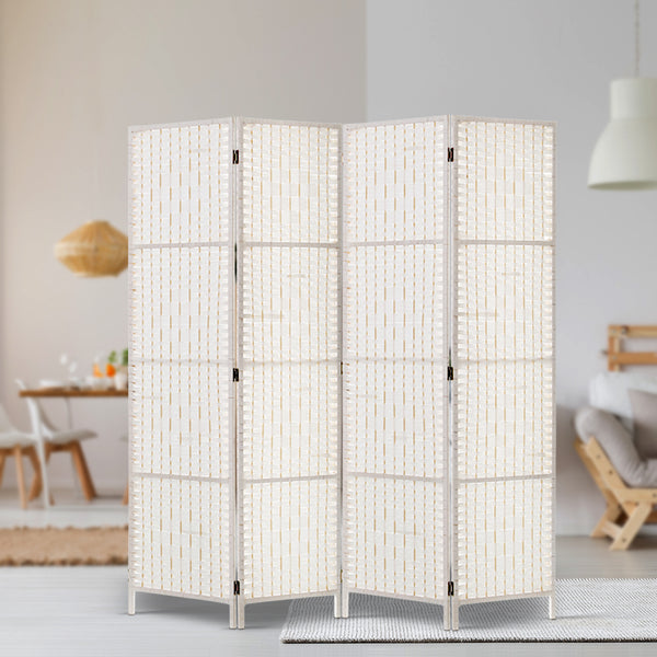 Artiss 4 Panels Room Divider Screen Privacy Rattan Timber Fold Woven Stand White freeshipping - Awezingly