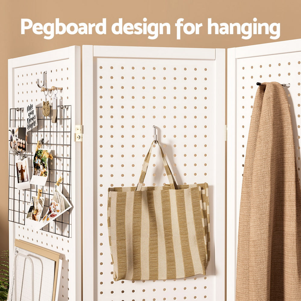 Artiss 4 Panel Room Divider Screen 164x170cm Pegboard White Artiss