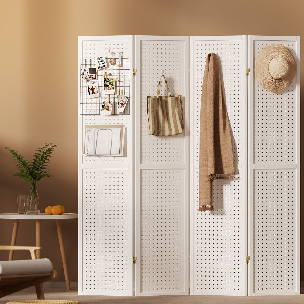 Artiss 4 Panel Room Divider Screen 164x170cm Pegboard White Artiss
