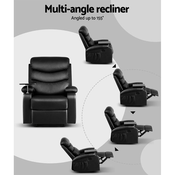 Artiss Recliner Chair Armchair Lounge Sofa Chairs Couch Leather Black Tray Table Artiss