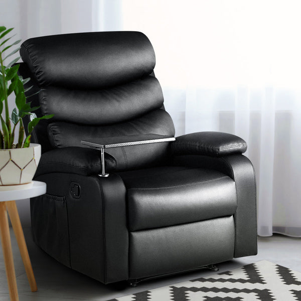 Artiss Recliner Chair Armchair Lounge Sofa Chairs Couch Leather Black Tray Table Artiss