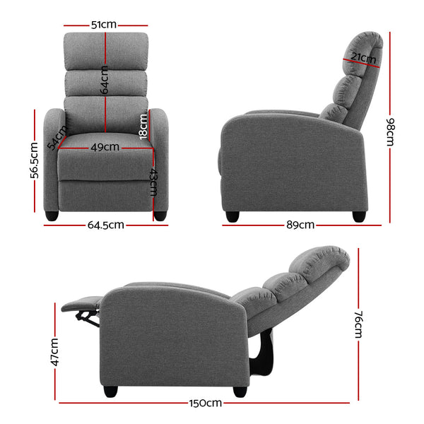 Artiss Luxury Recliner Chair Chairs Lounge Armchair Sofa Fabric Cover Grey Artiss