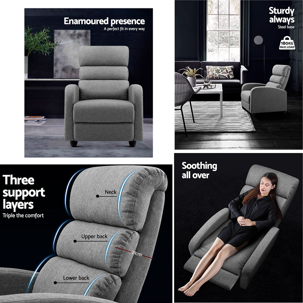 Artiss Luxury Recliner Chair Chairs Lounge Armchair Sofa Fabric Cover Grey Artiss