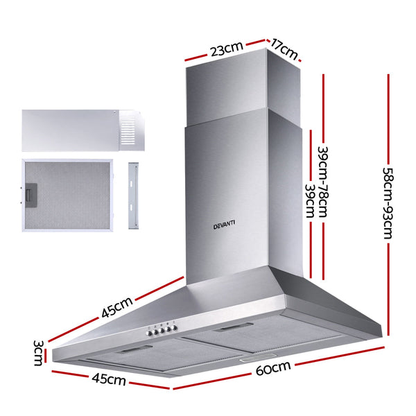 Devanti Range Hood 60cm 600mm Kitchen Canopy Stainless Steel Rangehood Wall Mount Devanti
