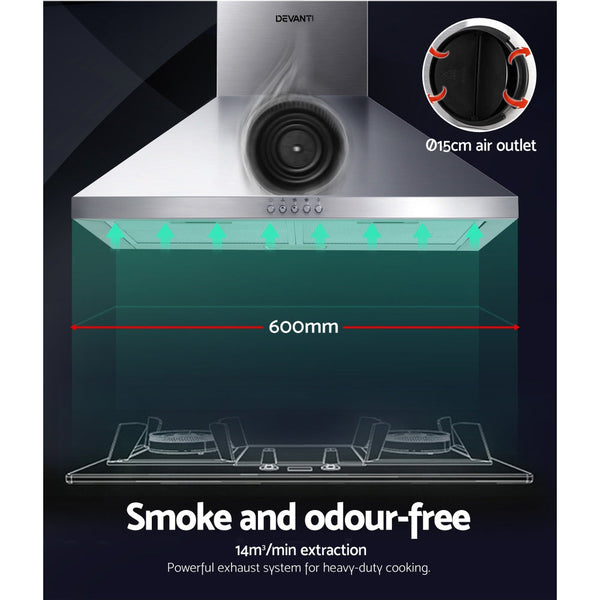 Devanti Range Hood 60cm 600mm Kitchen Canopy Stainless Steel Rangehood Wall Mount Devanti