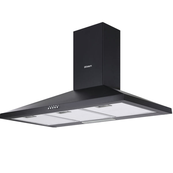 Devanti Range Hood Rangehood 90cm 900mm Kitchen Canopy LED Light Wall Mount Black Devanti