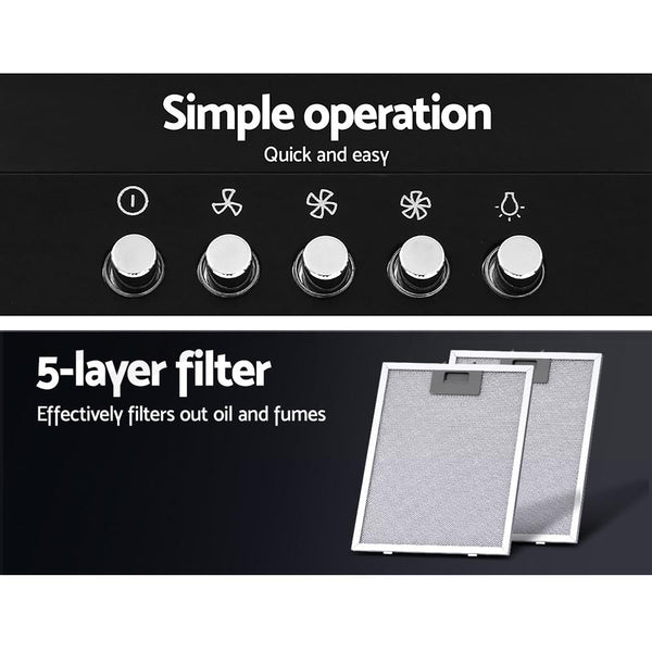 Devanti Range Hood Rangehood 90cm 900mm Kitchen Canopy LED Light Wall Mount Black Devanti