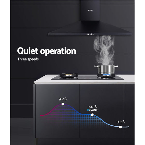 Devanti Range Hood Rangehood 90cm 900mm Kitchen Canopy LED Light Wall Mount Black Devanti