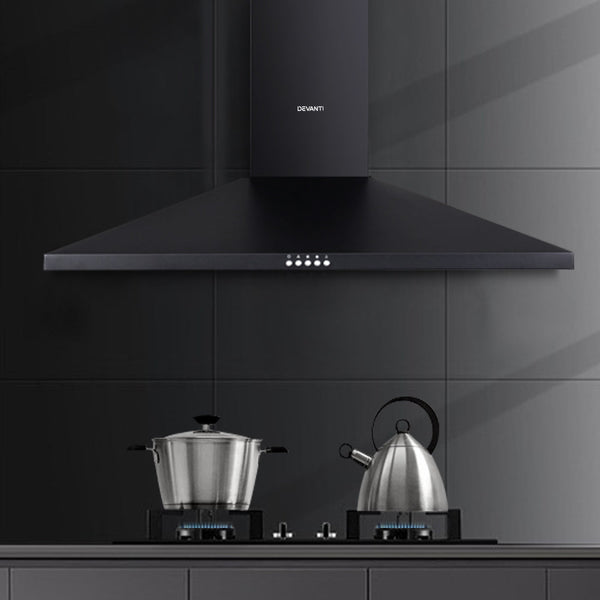 Devanti Range Hood Rangehood 90cm 900mm Kitchen Canopy LED Light Wall Mount Black Devanti