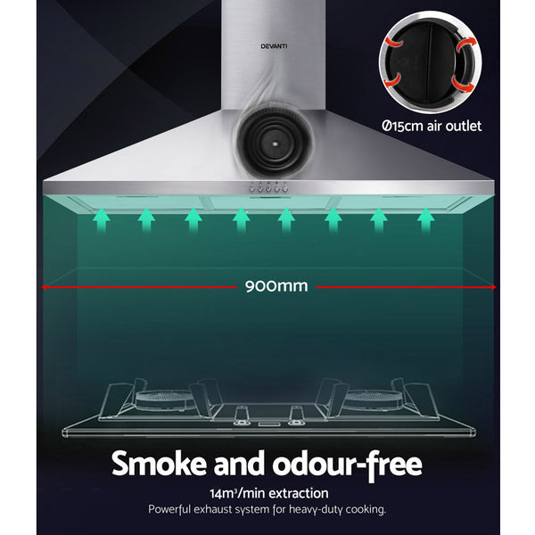 Devanti Range Hood 90cm 900mm Kitchen Canopy Stainless Steel Rangehood Wall Mount Devanti