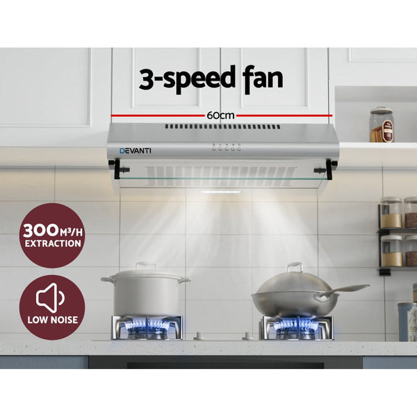Devanti 600mm Range Hood 60cm Rangehood Kitchen Canopy LED Light Stainless Steel Devanti