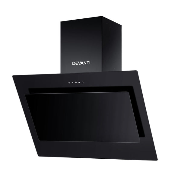 DEVANTI Rangehood 900mm Black Angled Side Draft Range Hood Canopy Glass 90cm Devanti