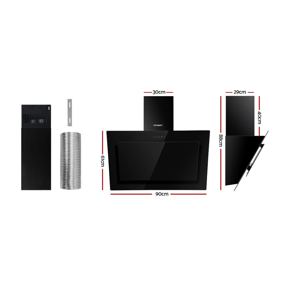 DEVANTI Rangehood 900mm Black Angled Side Draft Range Hood Canopy Glass 90cm Devanti