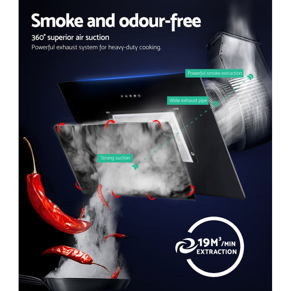 DEVANTI Rangehood 900mm Black Angled Side Draft Range Hood Canopy Glass 90cm Devanti