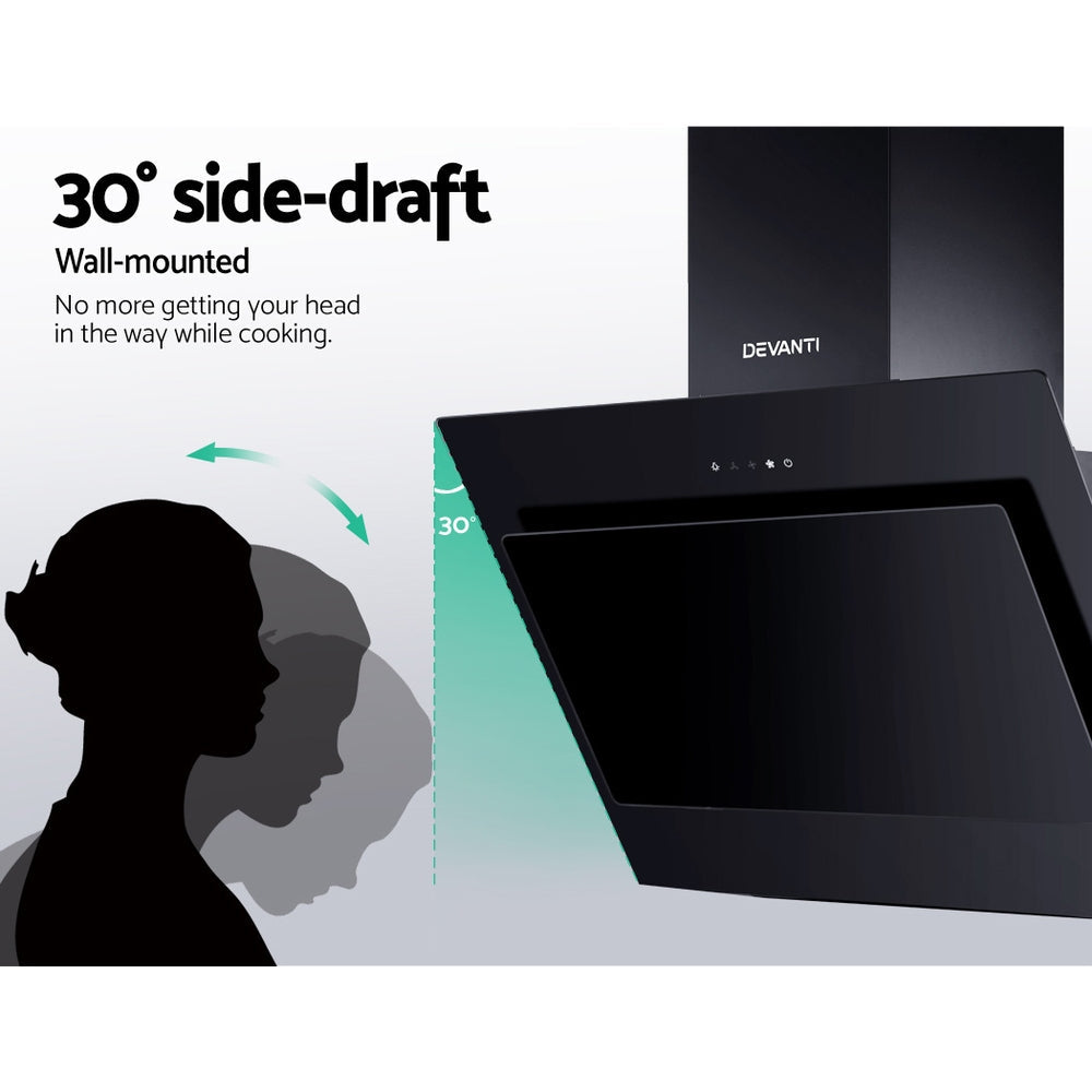 DEVANTI Rangehood 900mm Black Angled Side Draft Range Hood Canopy Glass 90cm Devanti