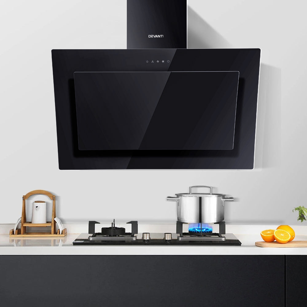 DEVANTI Rangehood 900mm Black Angled Side Draft Range Hood Canopy Glass 90cm Devanti