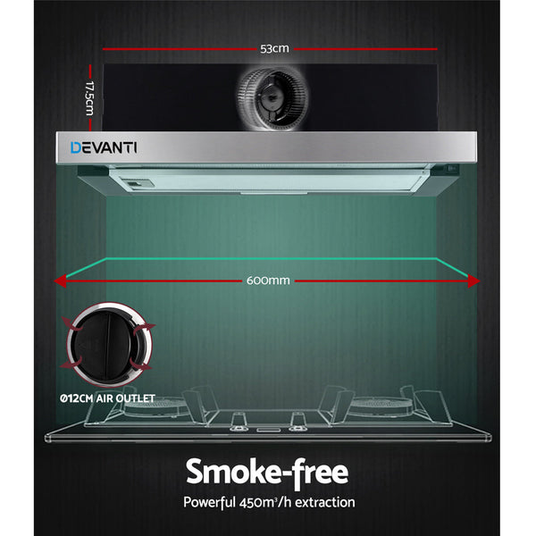 Devanti Rangehood Range Hood Stainless Steel Slide Out Kitchen Canopy 60cm 600mm Black Devanti