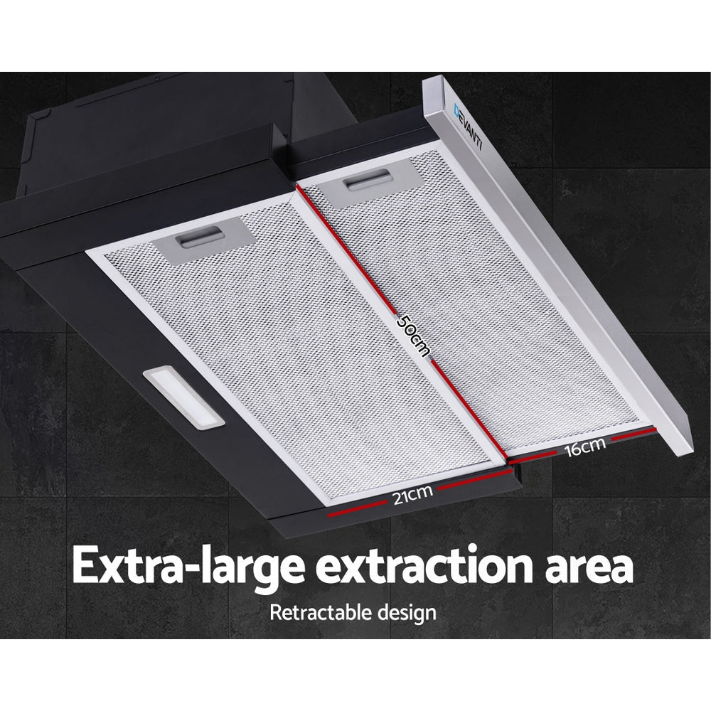 Devanti Rangehood Range Hood Stainless Steel Slide Out Kitchen Canopy 60cm 600mm Black Devanti