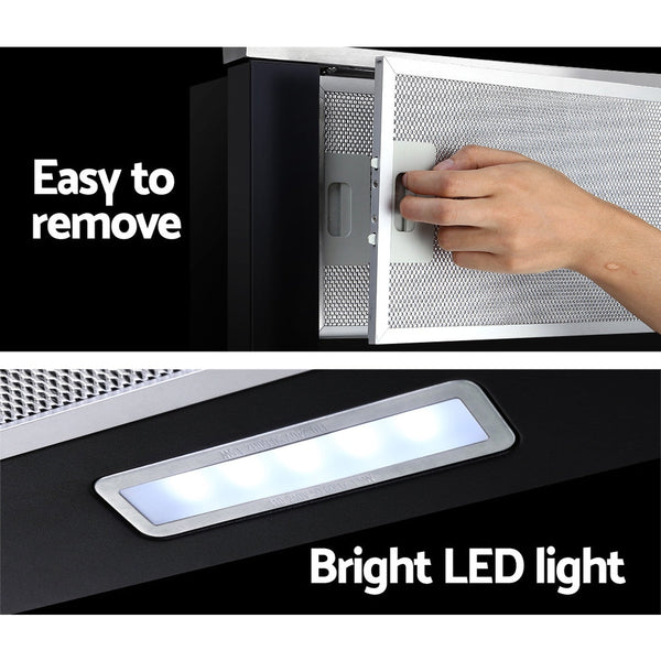 Devanti Rangehood Range Hood Stainless Steel Slide Out Kitchen Canopy 60cm 600mm Black Devanti