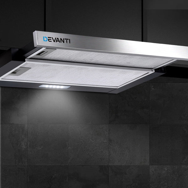 Devanti Rangehood Range Hood Stainless Steel Slide Out Kitchen Canopy 60cm 600mm Black Devanti