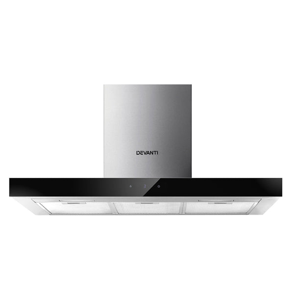 Devanti Range Hood 900mm Rangehood 90cm Stainless Steel Glass Kitchen Canopy Black Devanti