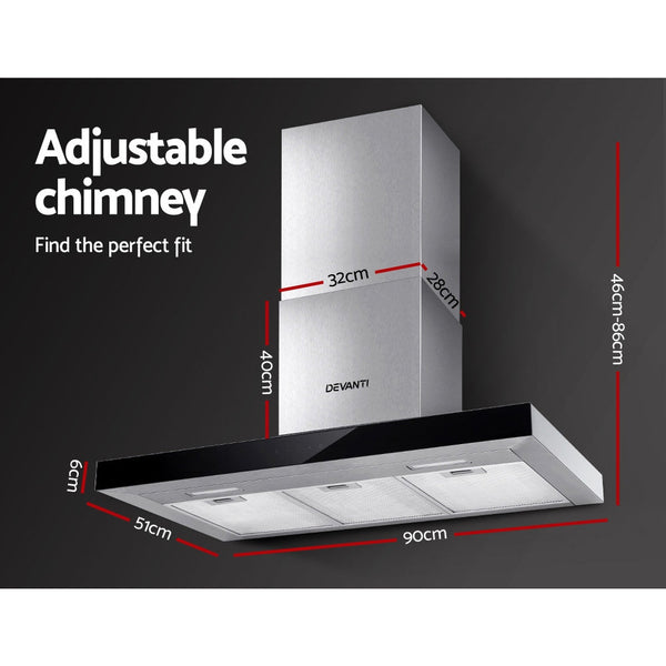 Devanti Range Hood 900mm Rangehood 90cm Stainless Steel Glass Kitchen Canopy Black Devanti