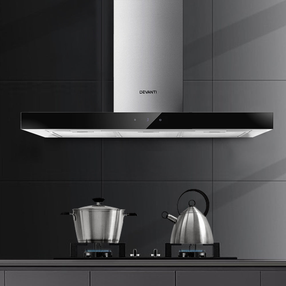 Devanti Range Hood 900mm Rangehood 90cm Stainless Steel Glass Kitchen Canopy Black Devanti