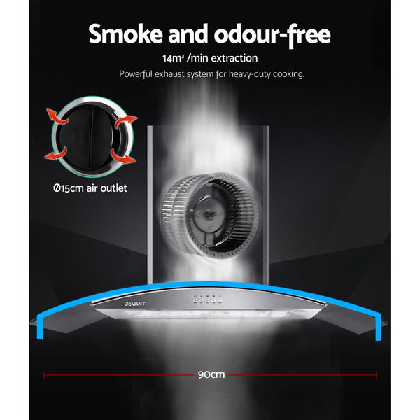 Devanti Range Hood 900mm Rangehood Kitchen Stainless Glass Canopy 90cm Devanti