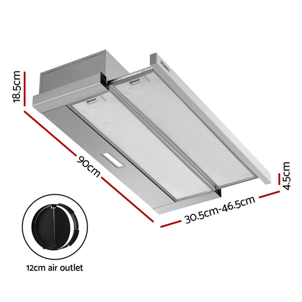 Devanti 900mm Range Hood 90cm Slide out Rangehood Stainless Steel Devanti