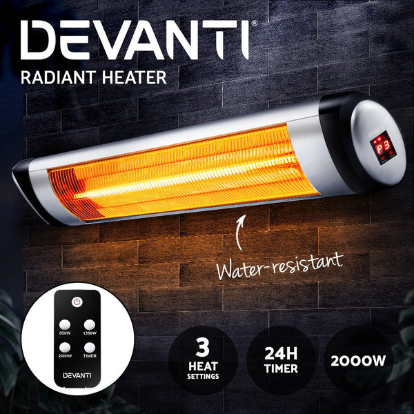Devanti Electric Radiant Heater Patio Strip Heaters Infrared Indoor Outdoor Patio Remote Control 2000W Devanti