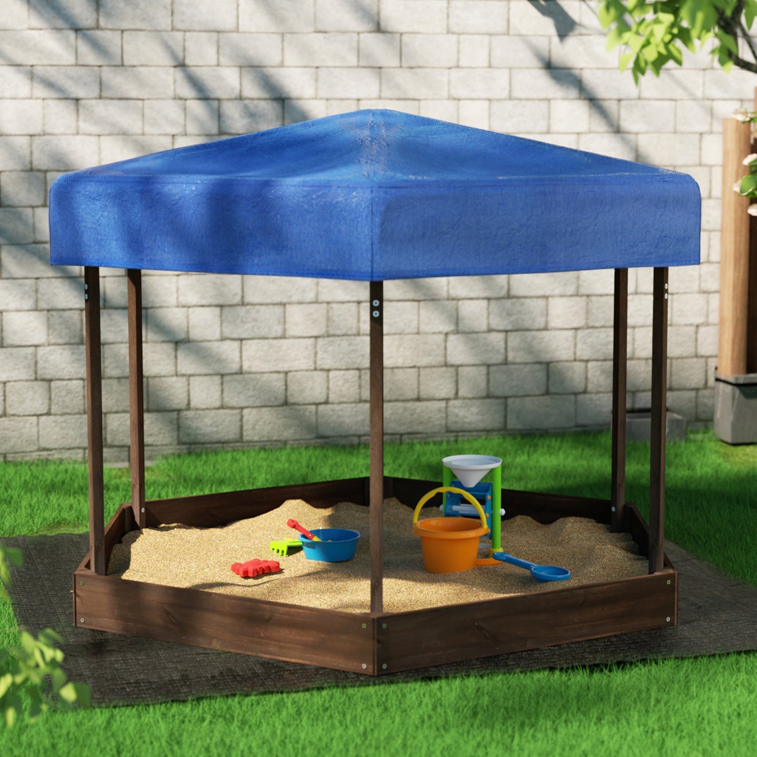 Keezi Kids Sandpit Wooden Hexagon Sand Pit with Canopy Outdoor Beach Toys 182cm Keezi