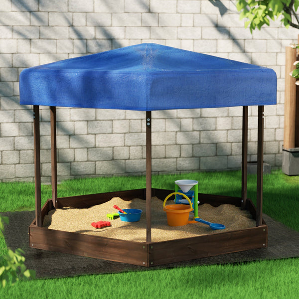 Keezi Kids Sandpit Wooden Hexagon Sand Pit with Canopy Outdoor Beach Toys 182cm Keezi
