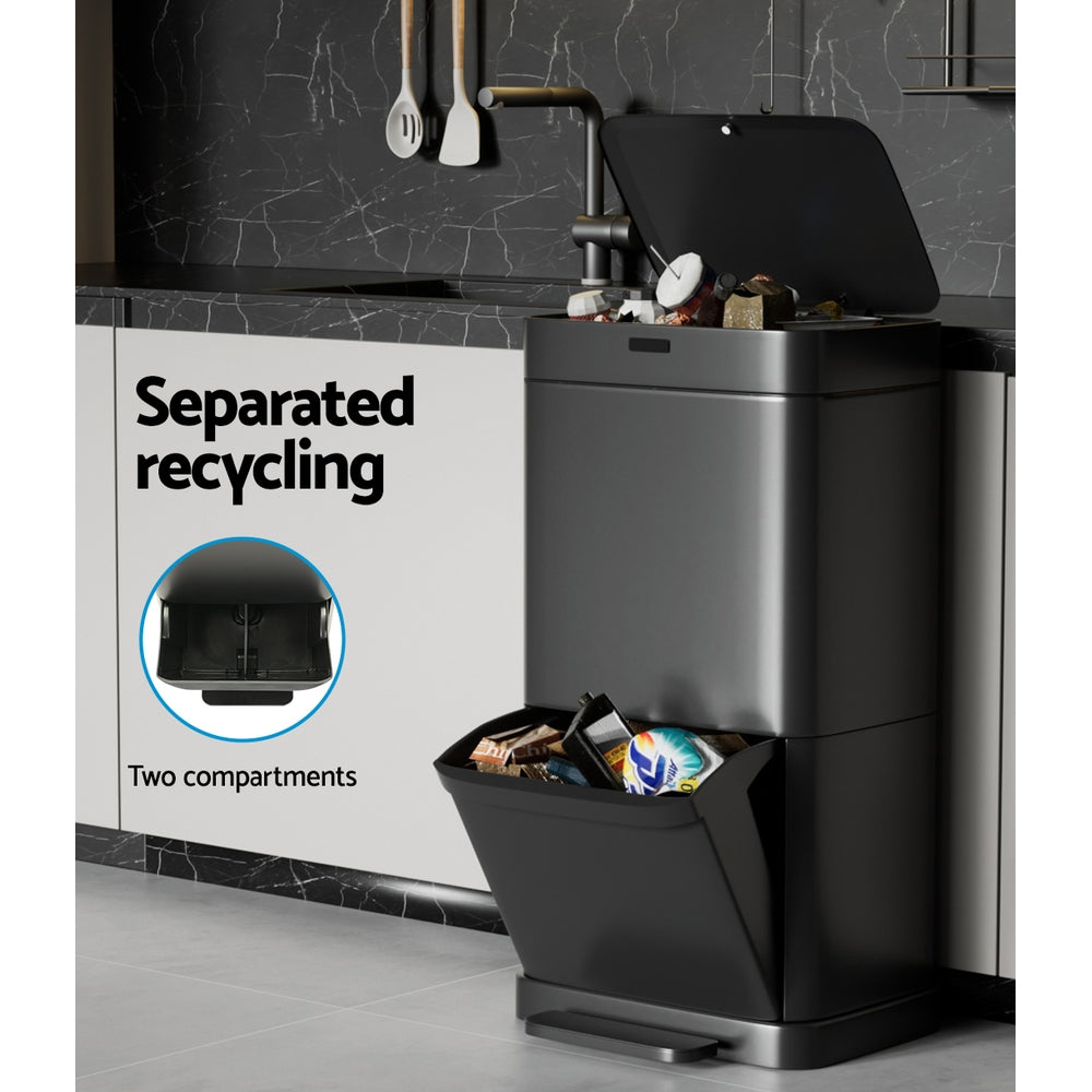 Devanti 70L Motion Sensor Bin Pedal Bins Black Steel Rubbish Auto Trash Can Devanti