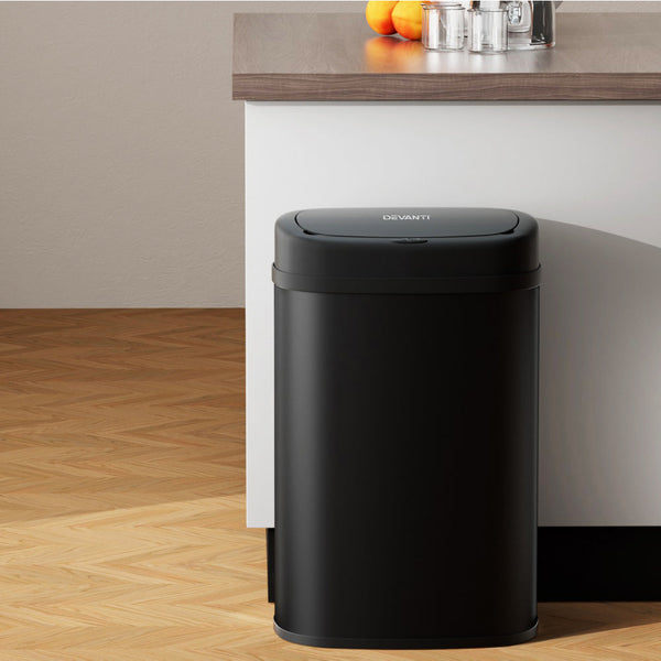 Devanti Sensor Bin 50L Motion Rubbish Trash Can Auto Touch Free Kitchen Black Devanti