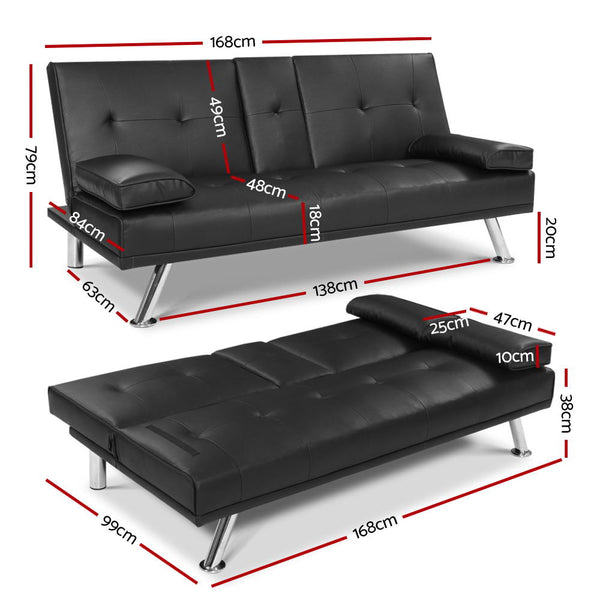Artiss Sofa Bed Lounge Futon Couch 3 Seater Leather Cup Holder Recliner Artiss