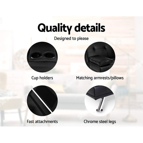 Artiss Sofa Bed Lounge Futon Couch 3 Seater Leather Cup Holder Recliner Artiss