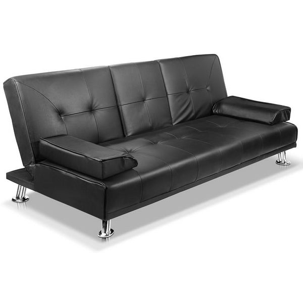 Artiss 3 Seater PU Leather Sofa Bed - Black Artiss