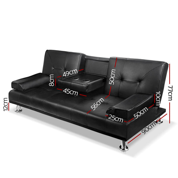 Artiss 3 Seater PU Leather Sofa Bed - Black Artiss