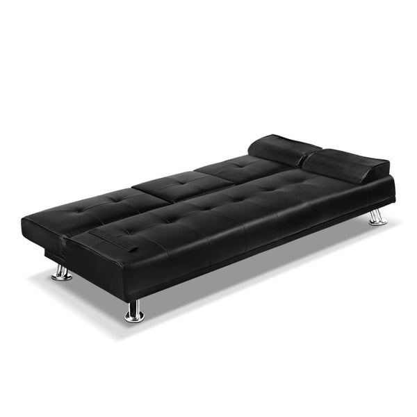 Artiss 3 Seater PU Leather Sofa Bed - Black Artiss