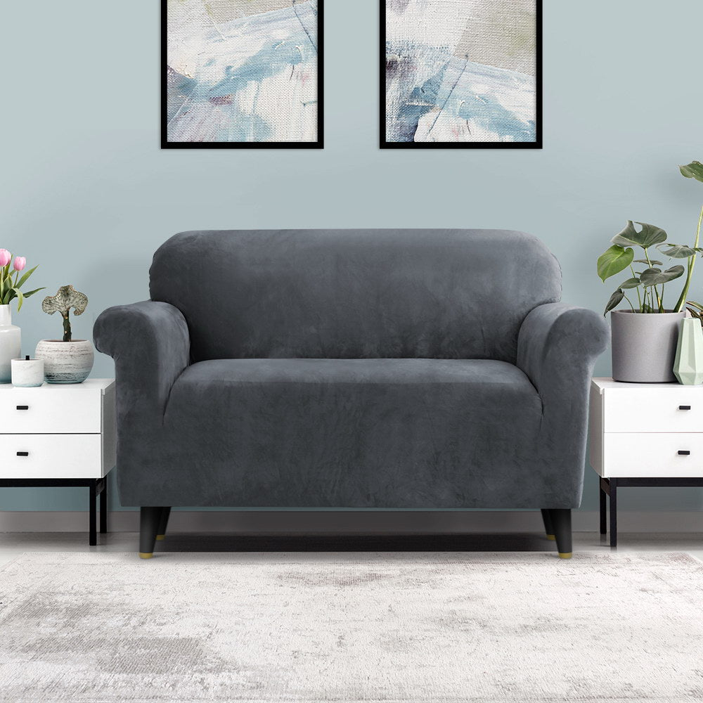 Artiss Velvet Sofa Cover Plush Couch Cover Lounge Slipcover 2 Seater Grey Artiss
