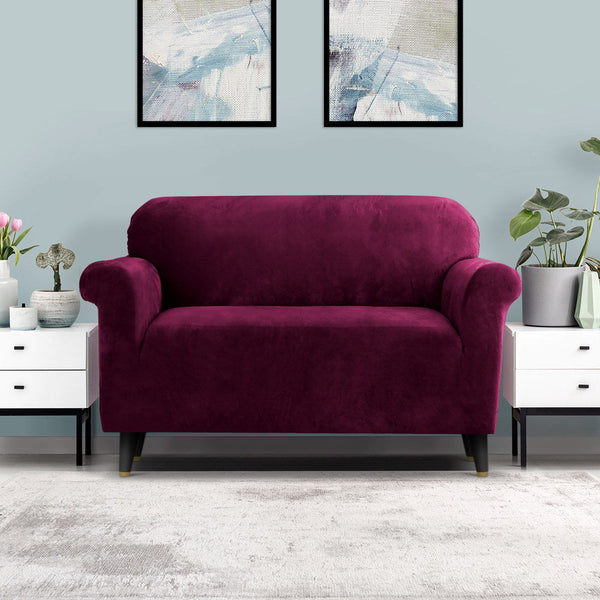 Artiss Velvet Sofa Cover Plush Couch Cover Lounge Slipcover 2 Seater Ruby Red Artiss